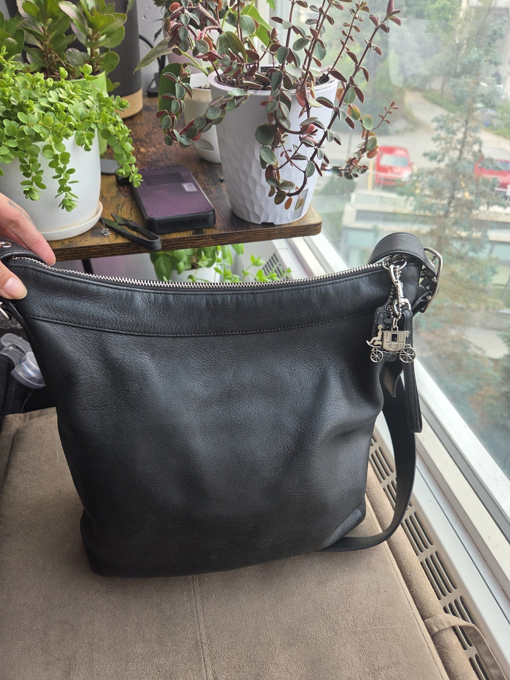 Coach Black Leather Hobo Bag with Silver Coach Charm